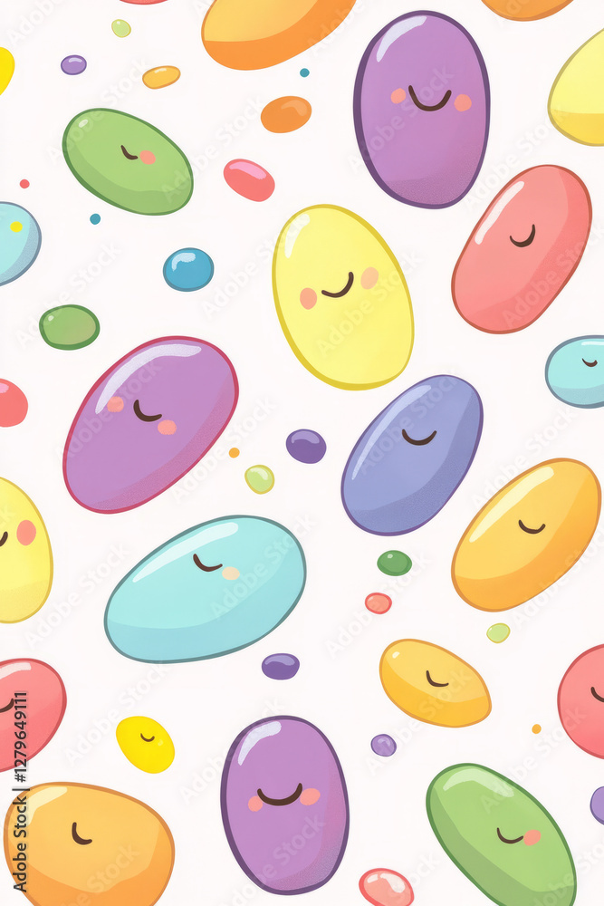 A fun cartoon style illustration of colorful jelly beans with tiny smiling faces, arranged in a playful, scattered pattern across a pastel background. A fun cartoon style illustration of colorful jelly beans with tiny smiling faces, arranged in a playful, scattered pattern across a pastel background.