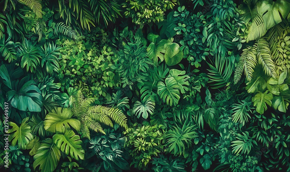 Fototapeta premium A thick green expanse of tropical flora, showcasing ferns, philodendrons, and other abundant greenery.