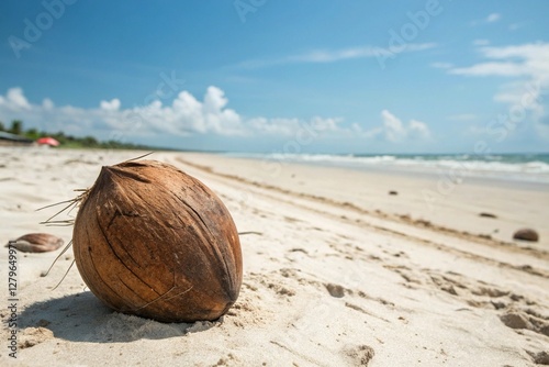 Tropical coconut washed ashore on a sandy beach
