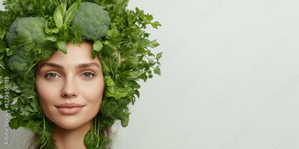 Portrait of young woman adorned with fresh vegetables, greens and herbs, symbolizing natural beauty, health, and sustainability. Clear white background, concept of wellness and eco-friendly living. Portrait of young woman adorned with fresh vegetables, greens and herbs, symbolizing natural beauty, health, and sustainability. Clear white background, concept of wellness and eco-friendly living.