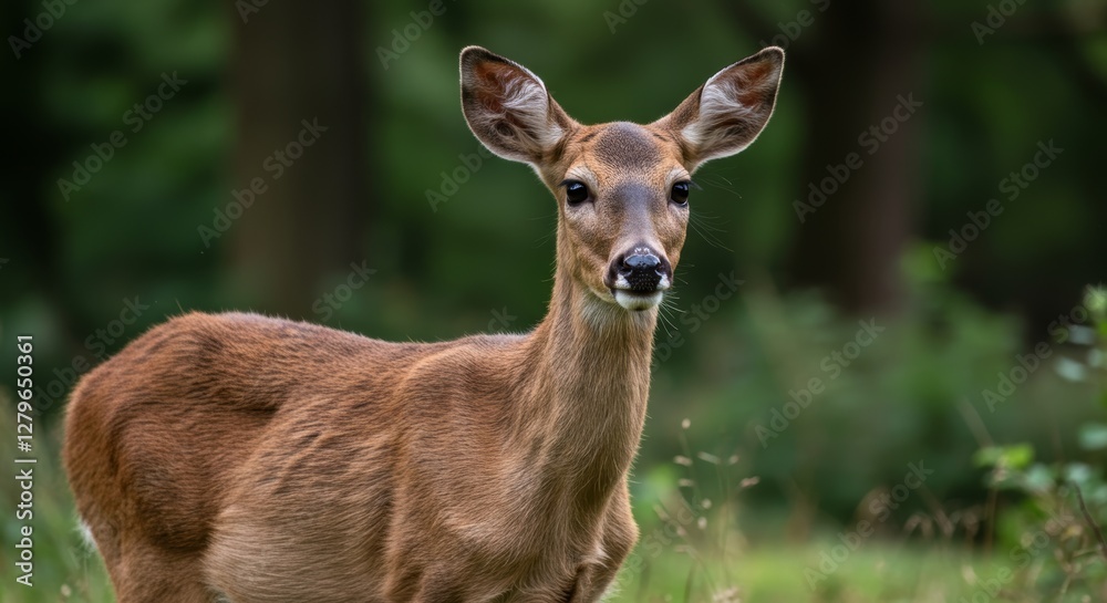 Attentive doe poses gracefully against a lush forest backdrop Attentive doe poses gracefully against a lush forest backdrop