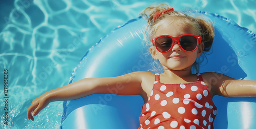 Funny photo of baby girl swimming with fun on inflatable swim ring in clear aqua park pool. Top view. Healthy family lifestyle, children with parents outdoor water sports activity on summer holidays.
