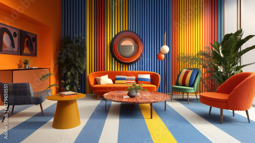 a stylish and bright living room, decorated in the spirit of modernism with retro elements.  