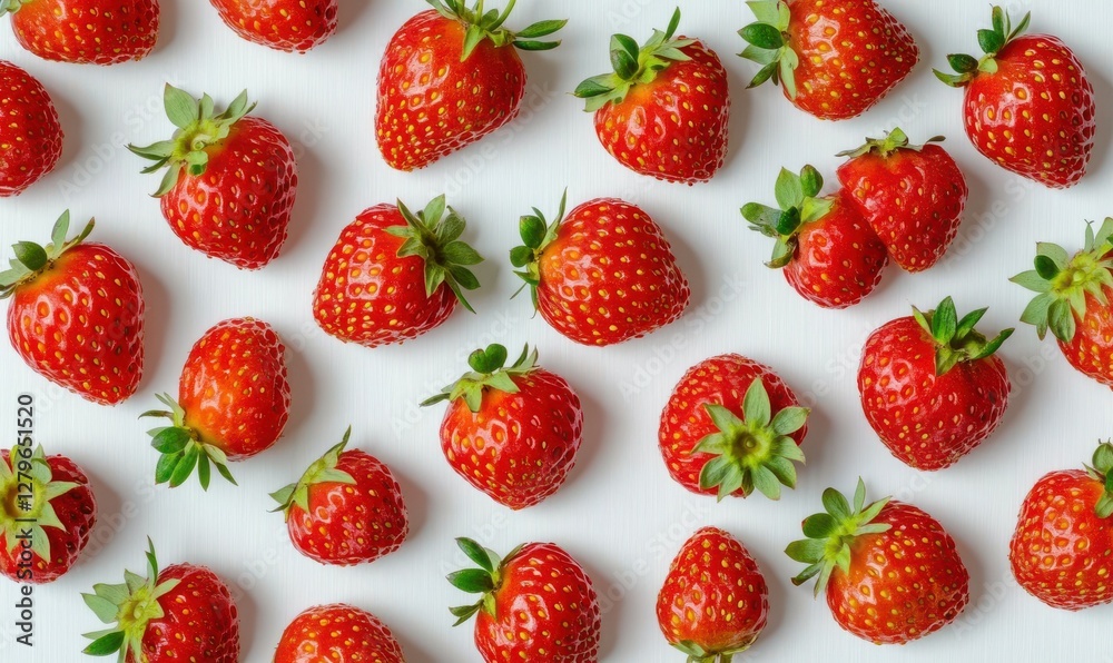 Artistic flat lay of fresh strawberries placed on a clean white surface, bright red hues and natural textures creating a vibrant and fresh aesthetic Artistic flat lay of fresh strawberries placed on a clean white surface, bright red hues and natural textures creating a vibrant and fresh aesthetic