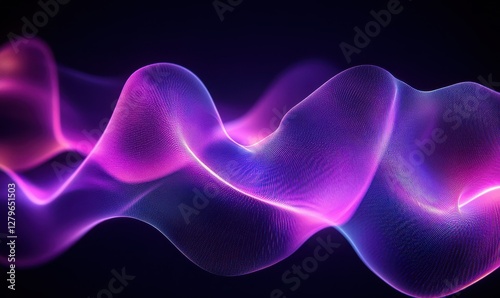 Abstract glowing patterns of neon purple and pink lights forming dynamic geometric shapes against a sleek dark background