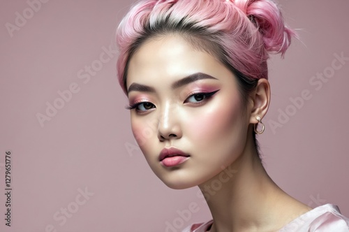 Beautiful confident photo model showcases vibrant makeup against a pastel color background in a studio setting, people and skincare, fashion theme concept.  
