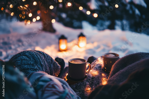 A winter picnic with friends, bundled up in warm blankets, sipping hot chocolate under fairy lights.