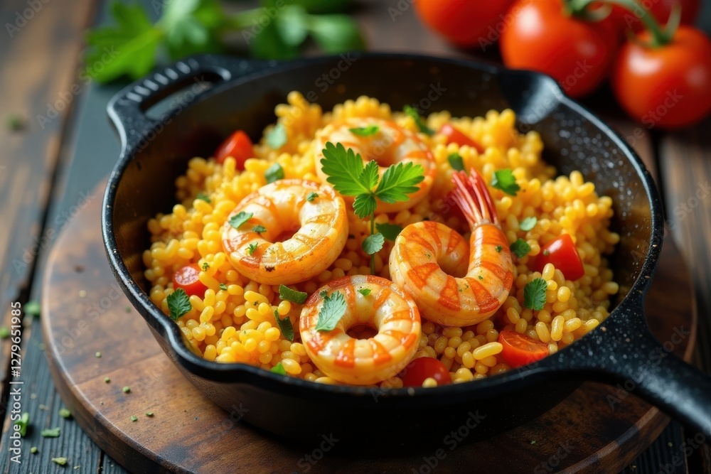 Hearty seafood and rice mixture in a cast-iron pan, Spanish, rustic, pan Hearty seafood and rice mixture in a cast-iron pan, Spanish, rustic, pan