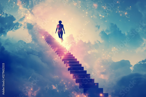 A surreal illustration of a person climbing an infinite staircase in the sky, each step made of past struggles turning into glowing lessons, symbolizing perseverance, growth, and the journey of self