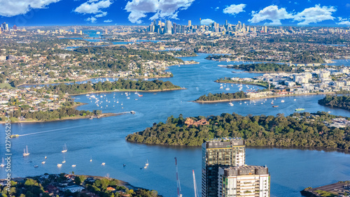 Panorama Aerial view above Rhodes with views to Meadowbank and Olympic park and Wentworth Point and Concord West with Parramatta River in Sydney NSW Australia