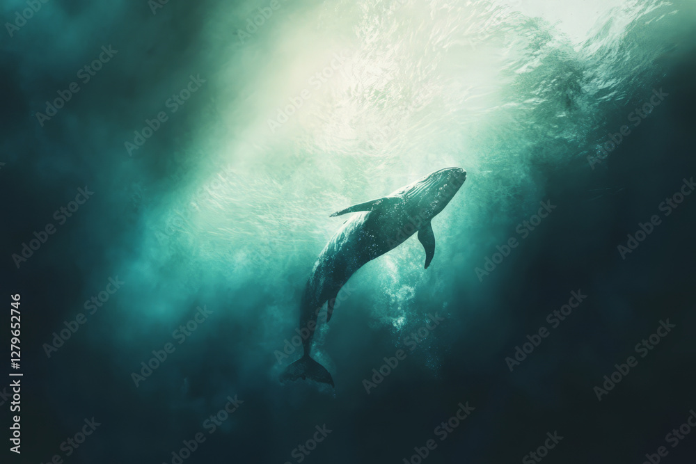 Obraz premium A majestic digital painting of a whale swimming through deep ocean waters, surrounded by soft light filtering through the waves, evoking peace and wonder.