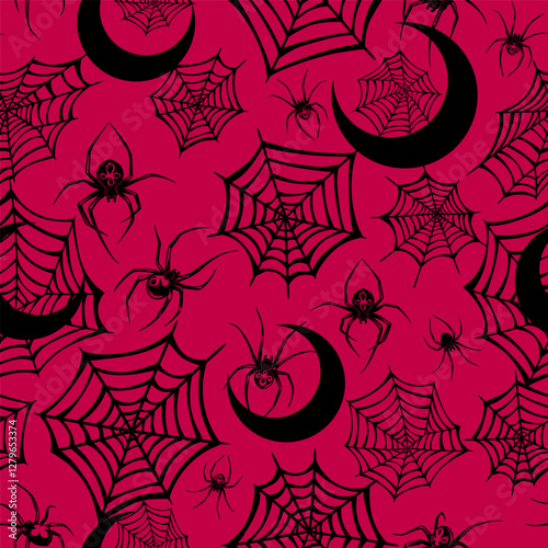 Seamless illustration black web and spiders with crescent moons on red background