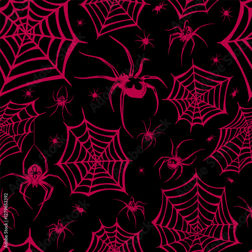 Seamless illustration red web and spiders on black background