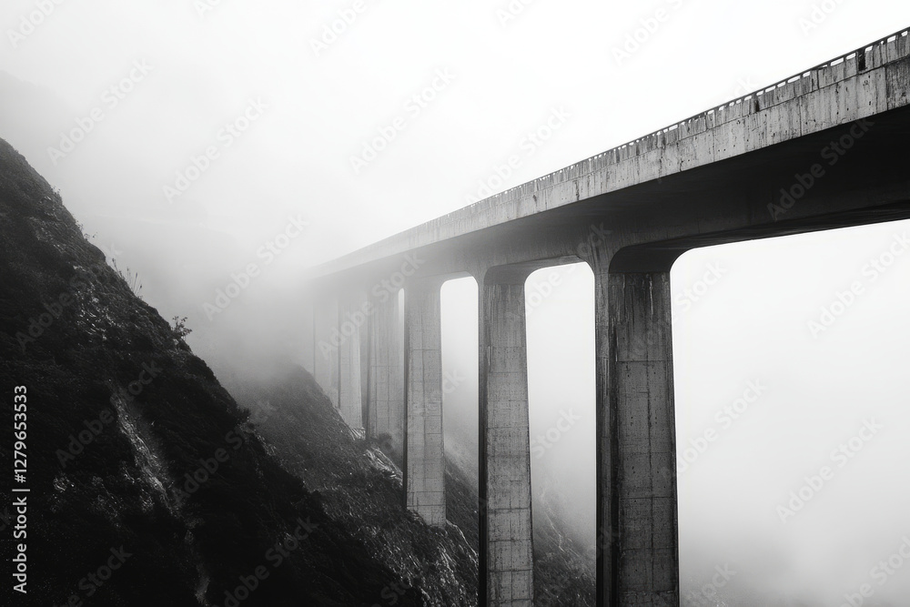 A massive brutalist bridge stretching over a foggy canyon, with raw concrete pillars and harsh geometric shadows. A massive brutalist bridge stretching over a foggy canyon, with raw concrete pillars and harsh geometric shadows.