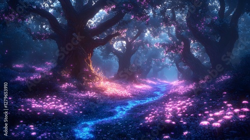 Enchanted Woodland Realm with Glowing Purple Mushrooms and Bioluminescent Forest Floor photo