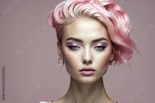 Beautiful confident photo model showcases vibrant makeup against a pastel color background in a studio setting, people and skincare, fashion theme concept.  