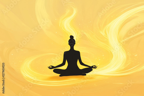 A minimalist and poetic illustration of a person sitting cross legged, their breath transforming into swirling golden light, representing deep meditation and conscious awareness.