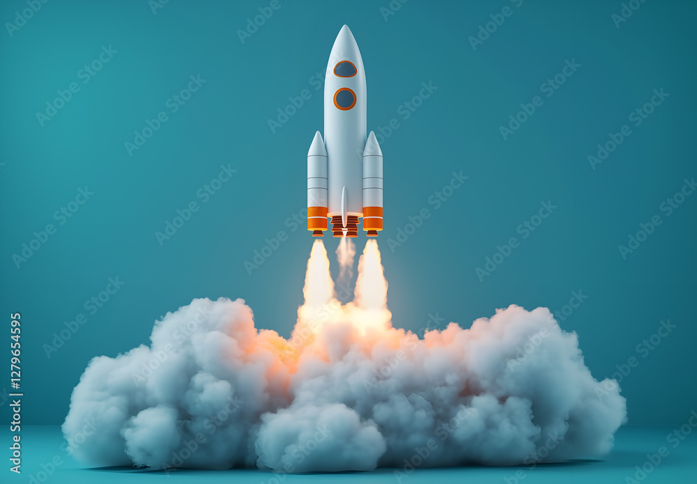 Naklejka premium 3D rendering of a white rocket with orange accents taking off from clouds, isolated on a pastel blue background.