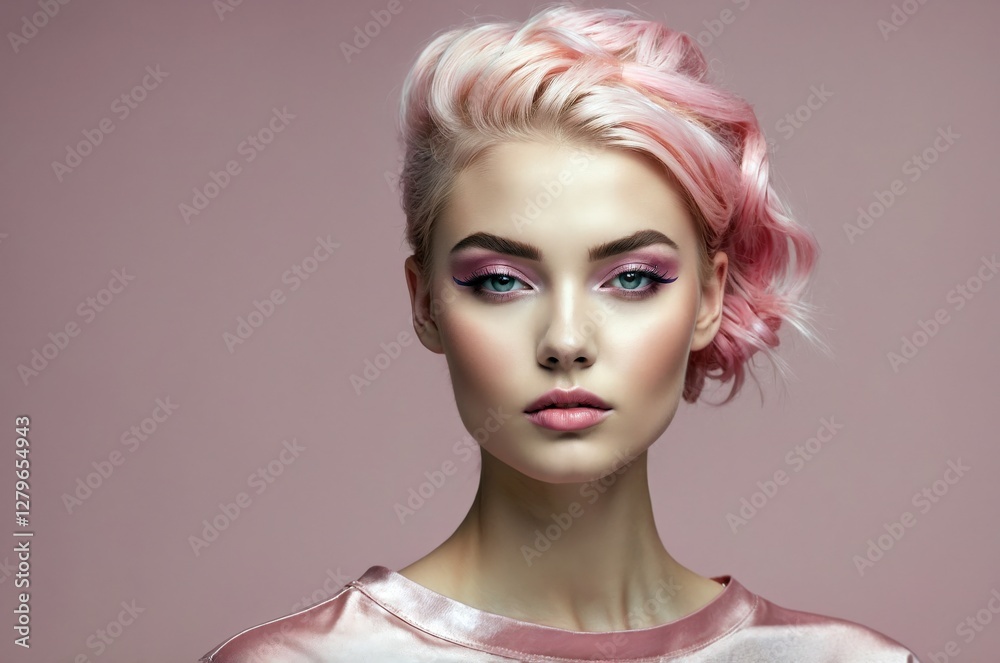 Beautiful confident photo model showcases vibrant makeup against a pastel color background in a studio setting, people and skincare, fashion theme concept. Beautiful confident photo model showcases vibrant makeup against a pastel color background in a studio setting, people and skincare, fashion theme concept.