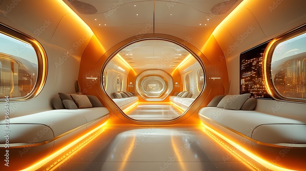 Sleek and Minimalist Futuristic Train Compartment with Soothing Golden Glow and Ergonomic Seating Sleek and Minimalist Futuristic Train Compartment with Soothing Golden Glow and Ergonomic Seating