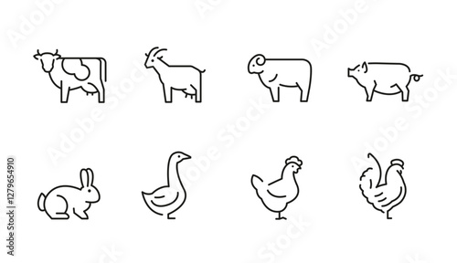 Farm icons. Set of 8 trendy minimal farm icons. Examples include Pig, Cow, Chicken, Rabbit icon. Design signs for web page, mobile app, and agricultural product packaging. Vector illustration