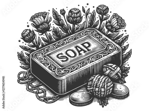 soap bar, pump dispenser, citrus fruits, and leaves, representing natural skincare and hygiene sketch engraving generative ai vector illustration. Scratch board imitation. Black and white image.