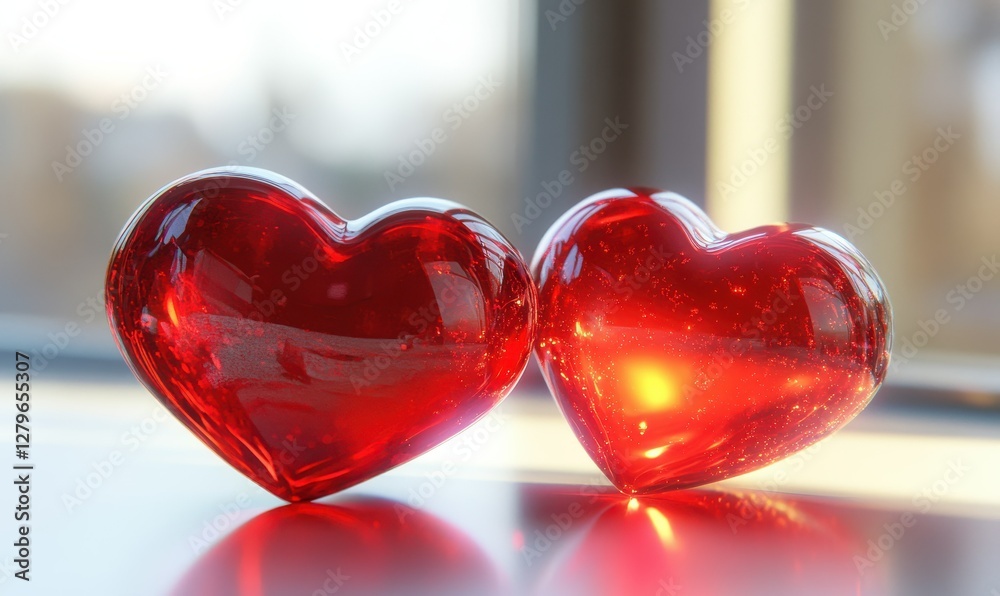 Adorable pair of glowing red glass hearts placed on a clean white surface illuminated by soft natural light creating a romantic and timeless feel Adorable pair of glowing red glass hearts placed on a clean white surface illuminated by soft natural light creating a romantic and timeless feel