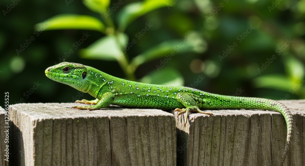 Fototapeta premium Vibrant green lizard basking in the sun on a weathered wooden fence