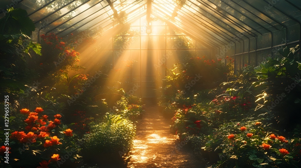 Obraz premium Technologically Advanced Greenhouse Illuminated by Radiant Sunlight and Vibrant Red Accents