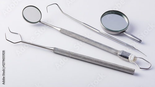 Dentist instruments set mirror and probe for teeth treatment isolated on a white background
