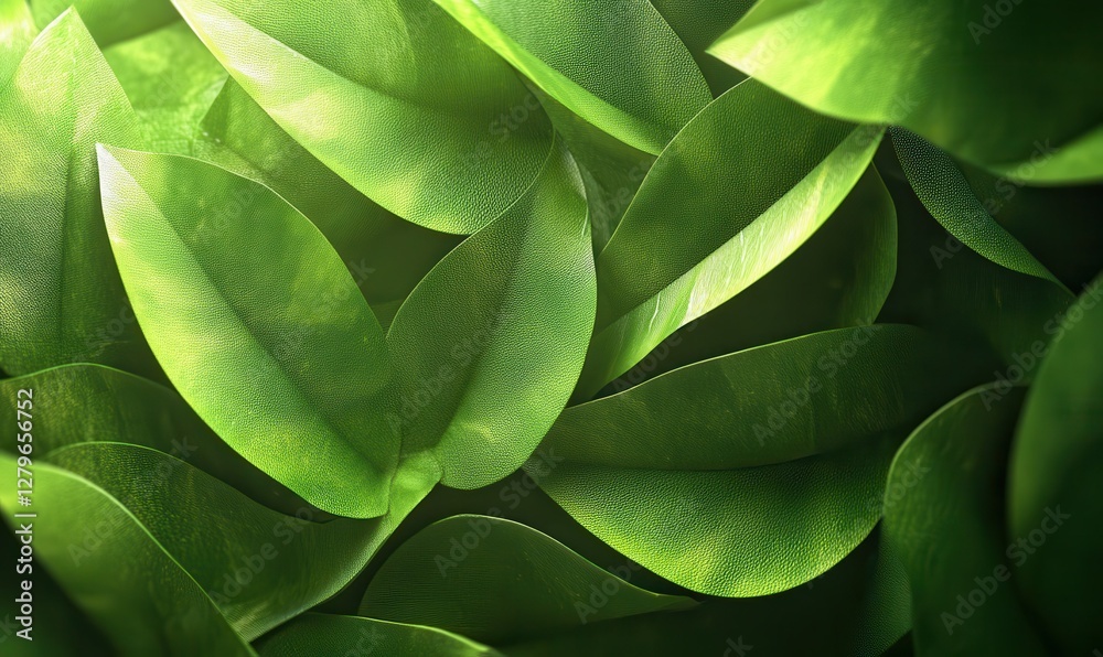 Naklejka premium Artistic composition of vibrant green tropical leaves layered dynamically, illuminated by soft natural light for a refreshing and bold design