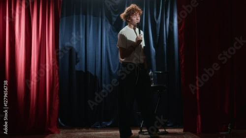 Full low key shot of male red-haired stand-up comedian in white t-shirt casually walking around small stage with red and blue curtains and joking into microphone