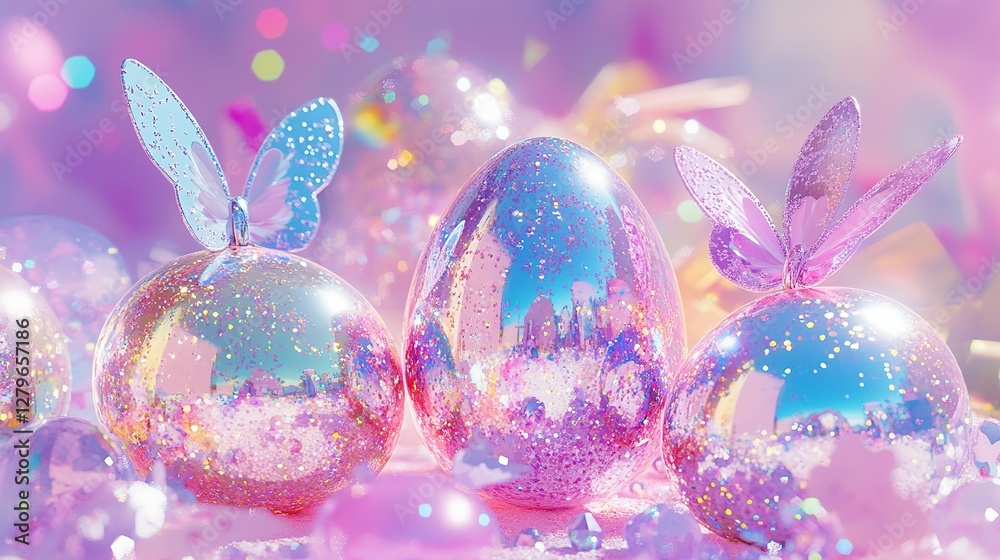 Fototapeta premium Nostalgic 2000s Easter aesthetic featuring holographic metallic and kawaii elements