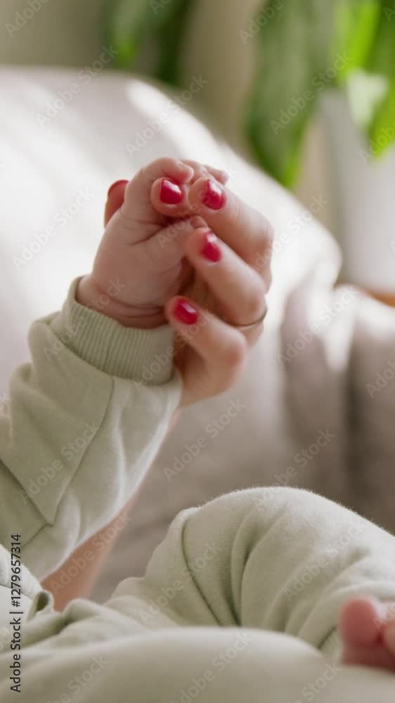 Close-up image of a baby's hand gripping its mother's finger, embodying the concept of maternal care. The child needs its mother's tenderness and warmth to feel safe Close-up image of a baby's hand gripping its mother's finger, embodying the concept of maternal care. The child needs its mother's tenderness and warmth to feel safe