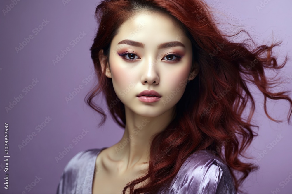 Beautiful confident photo model showcases vibrant makeup against a pastel color background in a studio setting, people and skincare, fashion theme concept. Beautiful confident photo model showcases vibrant makeup against a pastel color background in a studio setting, people and skincare, fashion theme concept.