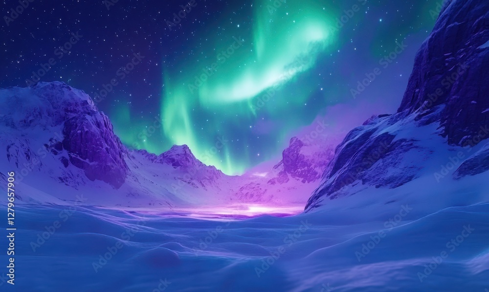 Captivating aurora borealis lighting up a snowy landscape with vibrant shades of green and purple, creating a magical and otherworldly night sky Captivating aurora borealis lighting up a snowy landscape with vibrant shades of green and purple, creating a magical and otherworldly night sky