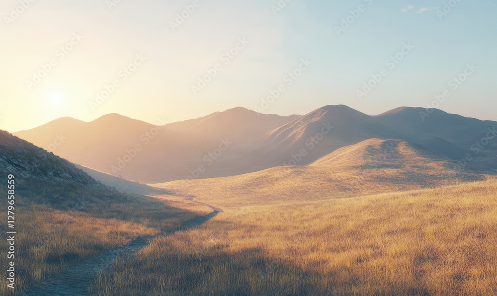 Golden sunlight bathes rolling hills in serene, picturesque desert landscape. Golden sunlight bathes rolling hills in serene, picturesque desert landscape.