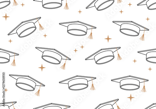 Seamless pattern for University, college school education vector background. Seamless pattern with graduated hat. Seamless vector pattern featuring graduation caps with gold tassels