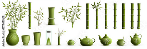 A set of vector illustrations Fresh green grass and bamboo leaves on a white background