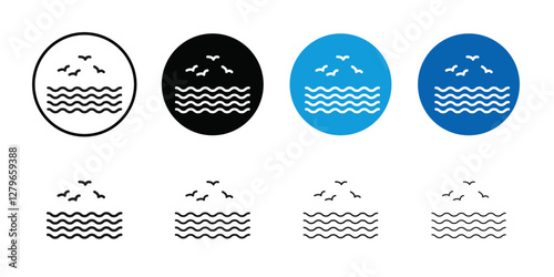 Sea with seagull icon Thin line flat illustration
