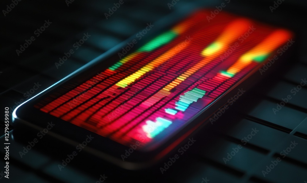 Close-up of a smartphone displaying stock market data in vivid red and green lines, illuminated by soft ambient light Close-up of a smartphone displaying stock market data in vivid red and green lines, illuminated by soft ambient light
