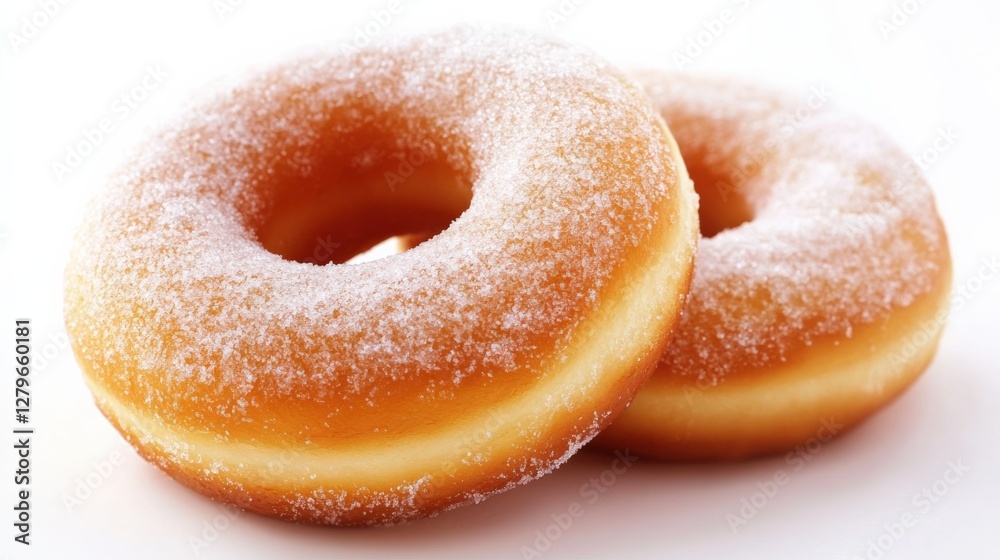 Freshly baked sugar-coated donuts placed on a clean surface, showcasing their golden color and texture Freshly baked sugar-coated donuts placed on a clean surface, showcasing their golden color and texture