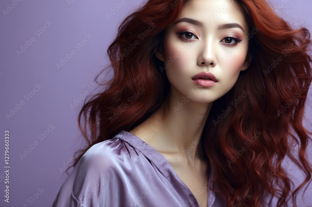 Naklejka premium Beautiful confident photo model showcases vibrant makeup against a pastel color background in a studio setting, people and skincare, fashion theme concept.