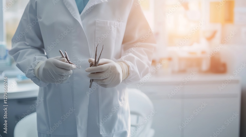 Dentist wearing professional healthcare attire holding instruments clean bright clinic original background Dentist wearing professional healthcare attire holding instruments clean bright clinic original background