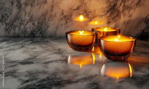 Creative product display of luxury candles on a marble surface, vibrant warm tones enhancing the premium look.
