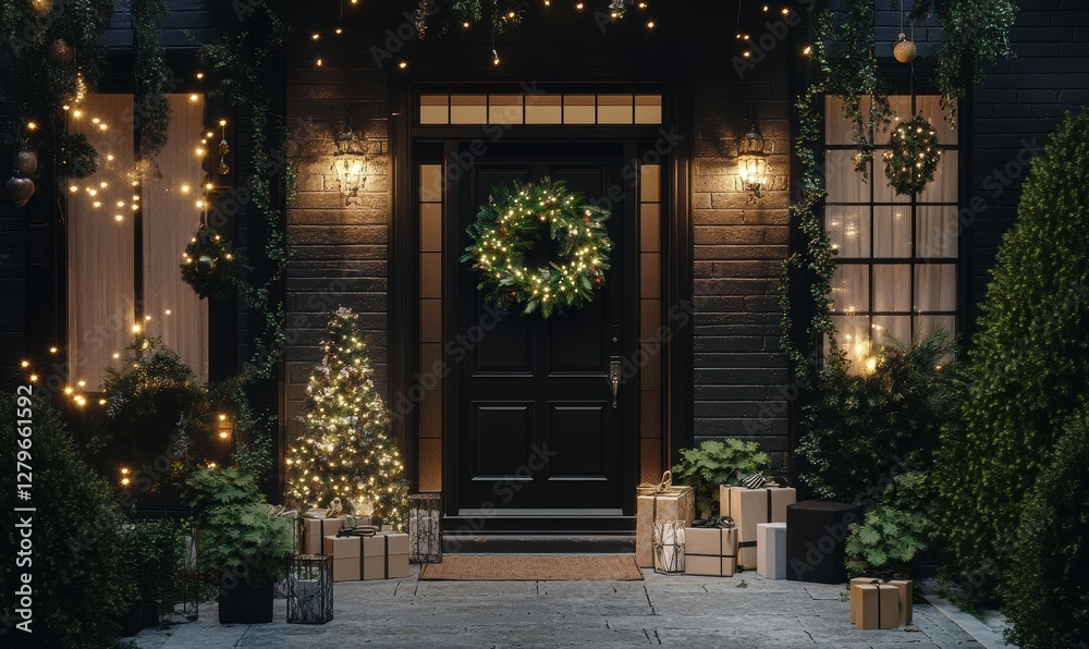 Fototapeta premium Elegant front porch decorated for the holidays with a black door, wreath, and greenery
