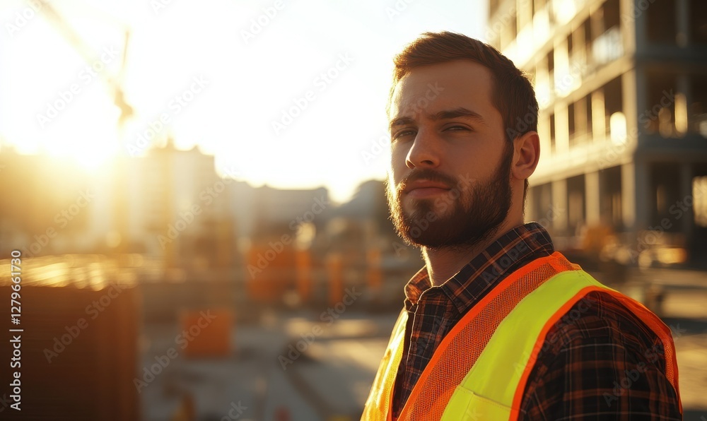 Man in reflective vest at construction site during sunset.