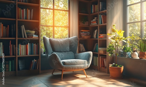 Cozy reading nook with a plush gray armchair, warm wooden shelves filled with books, and soft sunlight streaming through a nearby window