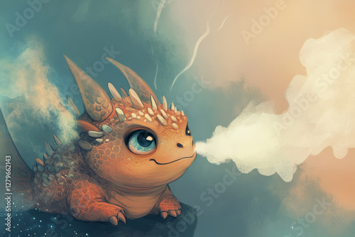 A cute and whimsical illustration of a chubby little dragon, blowing tiny puffs of smoke, its large eyes full of mischief and charm. photo