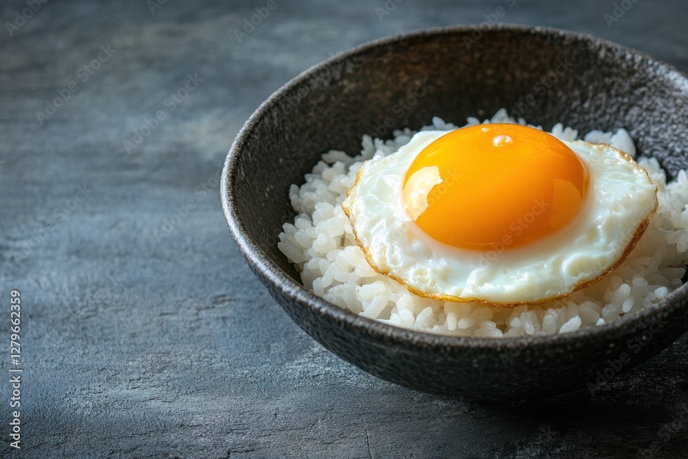 Fried egg rests on a bowl of white rice Fried egg rests on a bowl of white rice